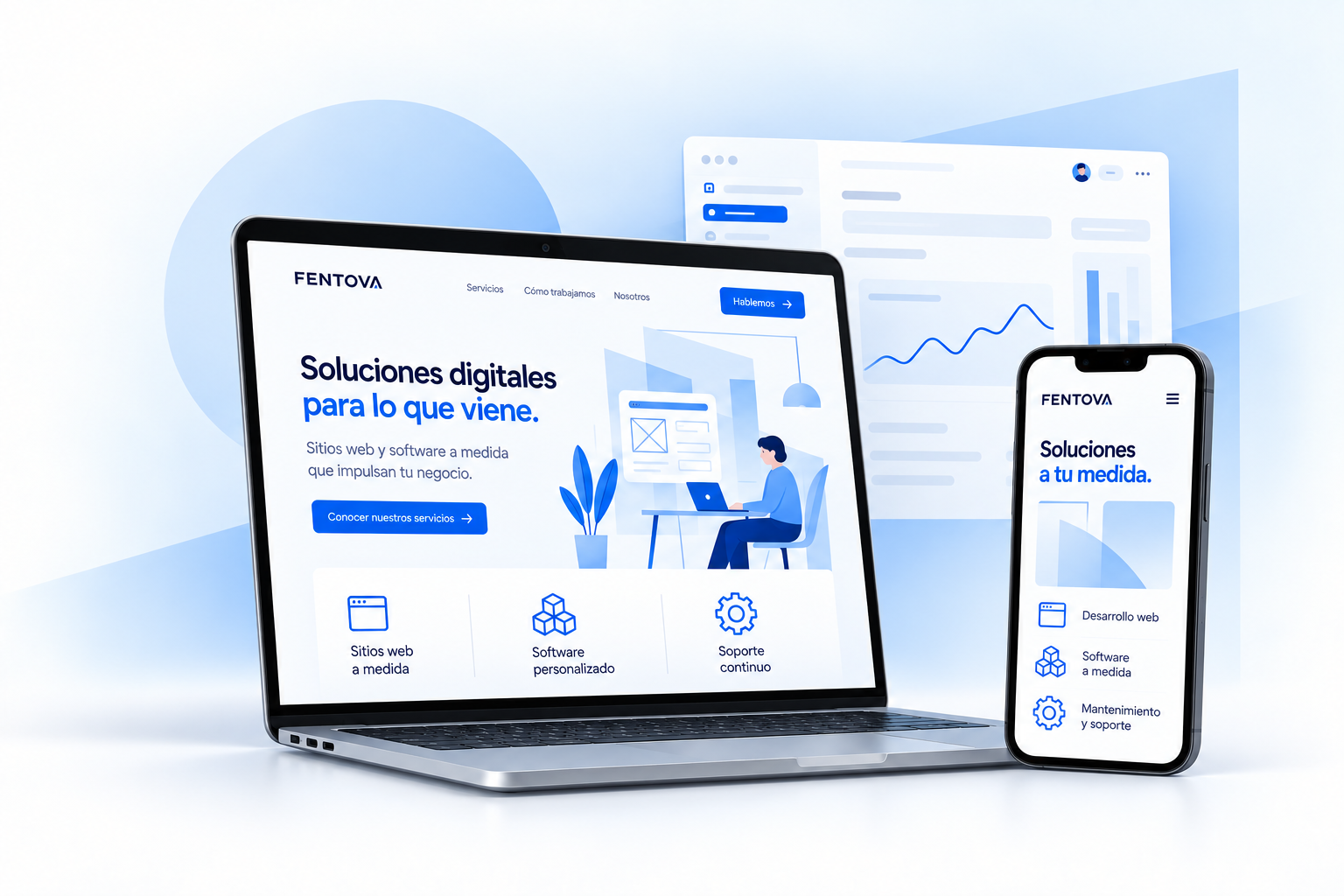 Diseño conceptual de un sitio Fentova en computadora y celular, junto a una interfaz de software.